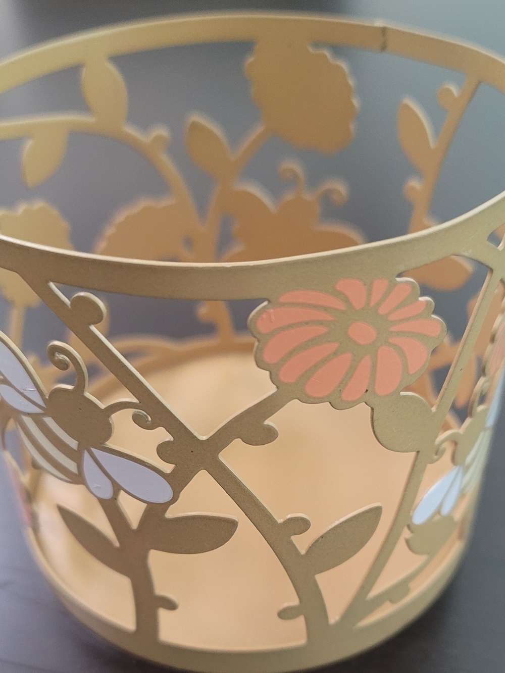 Gold Floral Metal Candle Holder with Peach Flower Accent
